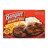 Banquet&nbsp;Hearty One&nbsp;sailsbury steak with gravy, mashed potatoes and corn Full-Size Picture